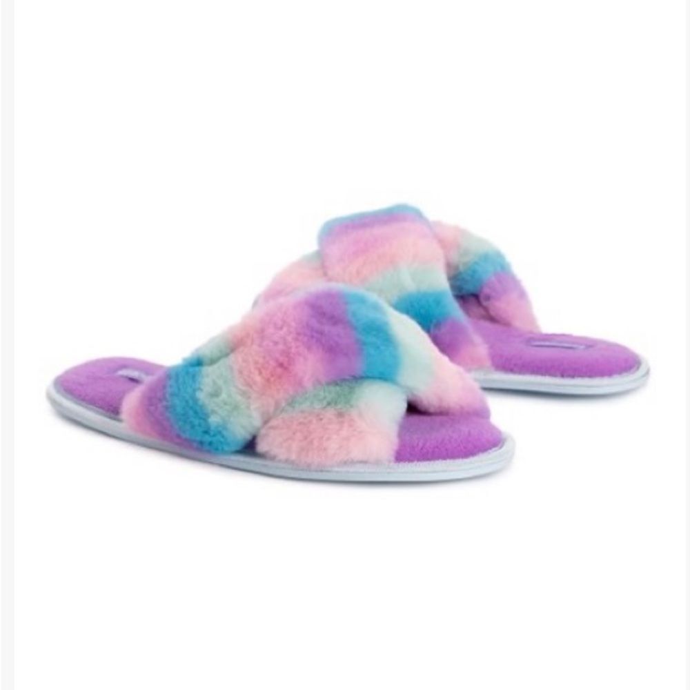 LUKEES by MUK LUKS‎ Pink & Purple Rainbow Stripe Slide Slipper Large 9-10 New